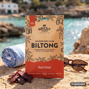 Grizzly Foods Biltong Red Heat on a rock by a Mediterranean cove, with a towel and sunglasses, AI-generated image