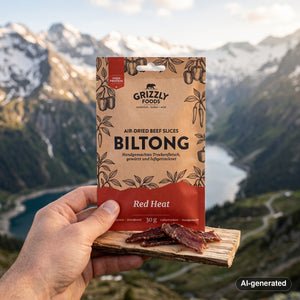 Hand holding Grizzly Foods Biltong Red Heat in front of an alpine mountain landscape, AI-generated image