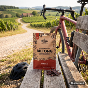 Grizzly Foods Biltong Red Heat on a bench by a gravel road through vineyards, with a bike and a cycling helmet, AI-generated image