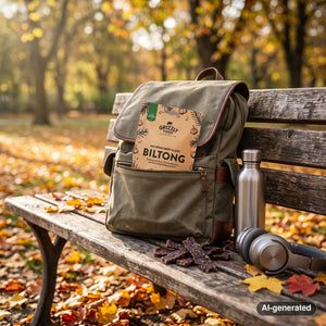 Grizzly Foods Biltong Wild Rosemary sticking out of a backpack on a park bench in autumn, with a water bottle and headphones, AI-generated image