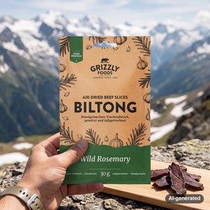 Hand holding Grizzly Foods Biltong Wild Rosemary in front of an alpine mountain landscape, AI-generated image