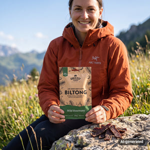 Hiker taking a break on an alpine meadow holding Grizzly Foods Biltong Wild Rosemary, AI-generated image