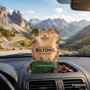 Grizzly Foods Biltong Wild Rosemary on the dashboard of a car at a mountain pass viewpoint, AI-generated image
