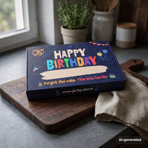 Happy Birthday Box on a dark wooden cutting board on a kitchen counter in soft window light, AI-generated image