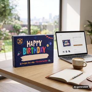 Happy Birthday Box on a desk next to a laptop, a cup of coffee and a notebook, AI-generated image
