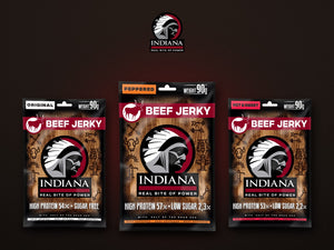 Indiana Beef Jerky Original, Peppered and Hot & Sweet 90g packs on a dark background