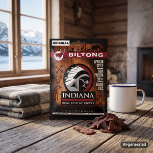 Indiana Biltong Original on a wooden table in a mountain cabin, with a wool blanket, an enamel mug and snowy mountains outside, AI-generated image