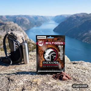Indiana Biltong Original on a rock beside a mountain trail above a Norwegian fjord, with a backpack and thermos, AI-generated image