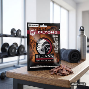 Indiana Biltong Original on a gym bench, with dumbbells, a towel and a water bottle in the background, AI-generated image