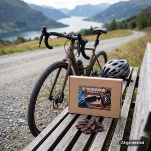 Indiana Cut Your Own Biltong Box on a bench by a gravel road, with a bike and a cycling helmet, AI-generated image