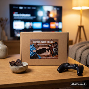 Indiana Cut Your Own Biltong Box on a coffee table in the evening, with a game controller and a small bowl, AI-generated image
