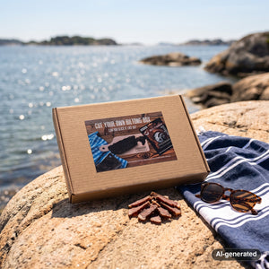 Indiana Cut Your Own Biltong Box on a smooth coastal rock by the sea, with a towel and sunglasses, AI-generated image