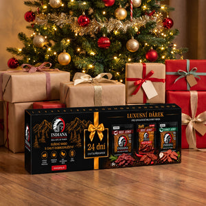 Indiana Jerky Advent Calendar next to wrapped presents under the Christmas tree, AI-generated image