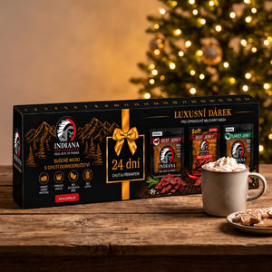 Indiana Jerky Advent Calendar on a wooden table by the Christmas tree, with hot chocolate and gingerbread cookies, AI-generated image