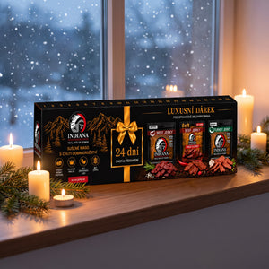 Indiana Jerky Advent Calendar on a windowsill with lit candles and spruce twigs, snow outside, AI-generated image