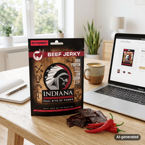 Indiana Jerky Beef Hot & Sweet on a desk next to a laptop, a cup of coffee and a notebook, AI-generated image