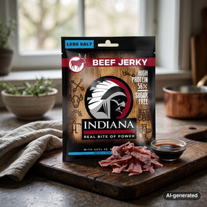 Indiana Jerky Beef Less Salt on a dark wooden cutting board on a kitchen counter in soft window light, AI-generated image