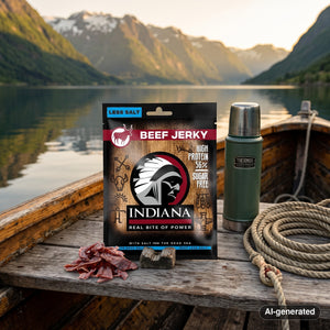Indiana Jerky Beef Less Salt on the deck of a small boat on a fjord, with a rope and thermos in the evening sun, AI-generated image
