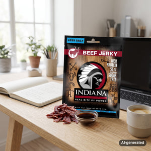 Indiana Jerky Beef Less Salt on a desk next to a laptop, a cup of coffee and a notebook, AI-generated image