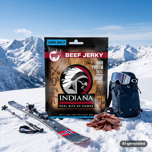 Indiana Jerky Beef Less Salt in the snow next to touring skis and poles on a sunny winter day in the mountains, AI-generated image