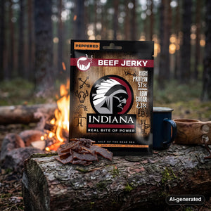 Indiana Jerky Beef Peppered on a log by a campfire in a pine forest at dusk, with an enamel mug and a wooden cup, AI-generated image