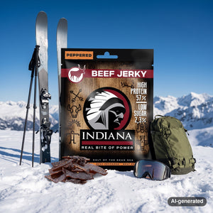 Indiana Jerky Beef Peppered in the snow next to touring skis and poles on a sunny winter day in the mountains, AI-generated image