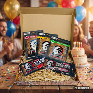 Indiana Jerky Gift Set on a table at a birthday party with balloons and confetti, AI-generated image