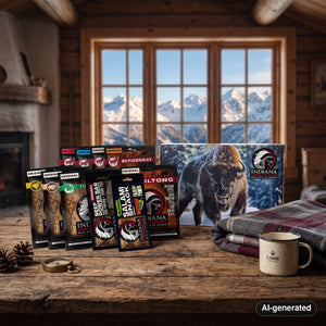 Indiana Jerky Gift Set on a wooden table in a mountain cabin, with a wool blanket, an enamel mug and snowy mountains outside, AI-generated image