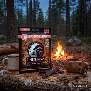 Indiana Jerky Salmon Teriyaki on a log by a campfire in a pine forest at dusk, with an enamel mug and a wooden cup, AI-generated image