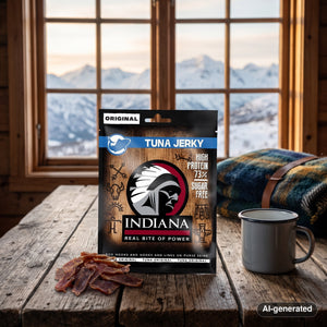 Indiana Jerky Tuna Original on a wooden table in a mountain cabin, with a wool blanket, an enamel mug and snowy mountains outside, AI-generated image