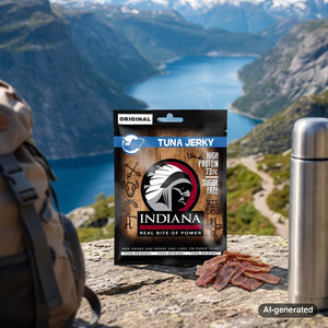 Indiana Jerky Tuna Original on a rock beside a mountain trail above a Norwegian fjord, with a backpack and thermos, AI-generated image
