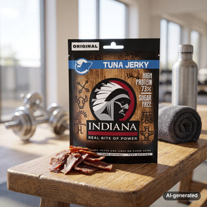 Indiana Jerky Tuna Original on a gym bench, with dumbbells, a towel and a water bottle in the background, AI-generated image