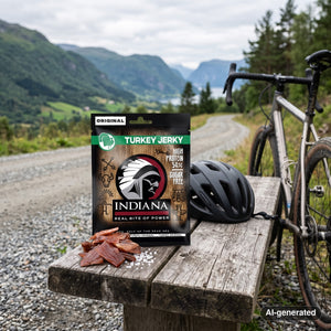 Indiana Jerky Turkey Original on a bench by a gravel road, with a bike and a cycling helmet, AI-generated image