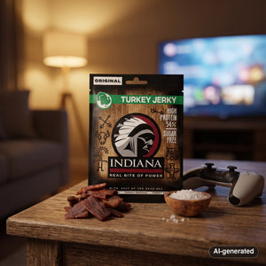 Indiana Jerky Turkey Original on a coffee table in the evening, with a game controller and a small bowl, AI-generated image