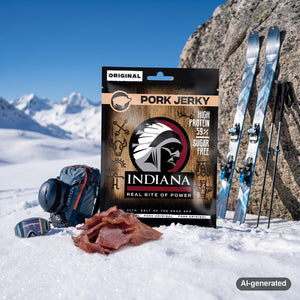 Indiana Jerky Pork Original in the snow next to touring skis and poles on a sunny winter day in the mountains, AI-generated image