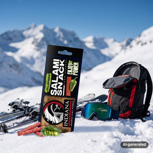 Indiana Salami Jalapeno in the snow next to touring skis and poles on a sunny winter day in the mountains, AI-generated image