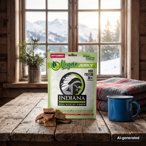 Indiana Vegan Hot & Sweet on a wooden table in a mountain cabin, with a wool blanket, an enamel mug and snowy mountains outside, AI-generated image