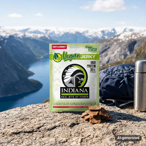 Indiana Vegan Hot & Sweet on a rock beside a mountain trail above a Norwegian fjord, with a backpack and thermos, AI-generated image