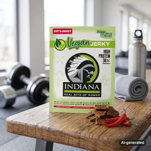 Indiana Vegan Hot & Sweet on a gym bench, with dumbbells, a towel and a water bottle in the background, AI-generated image