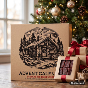 Jack Link's Beef Jerky Advent Calendar next to wrapped presents under the Christmas tree, AI-generated image