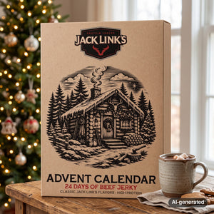 Jack Link's Beef Jerky Advent Calendar on a table by the Christmas tree, with hot chocolate and gingerbread cookies, AI-generated image