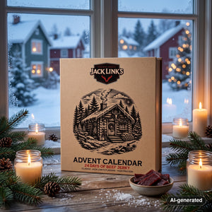 Jack Link's Beef Jerky Advent Calendar on a windowsill with lit candles and spruce twigs, snow outside, AI-generated image