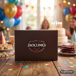 Jack Link's Gift Box on a table at a birthday party with balloons and confetti, AI-generated image