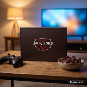 Jack Link's Gift Box on a coffee table in the evening, with a game controller and a small bowl, AI-generated image