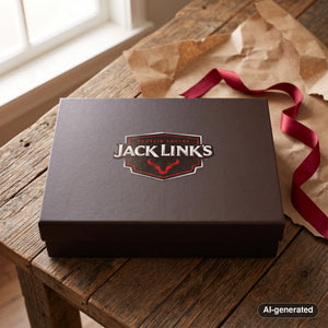 Jack Link's Gift Box on a table next to torn gift wrapping paper and a ribbon, AI-generated image