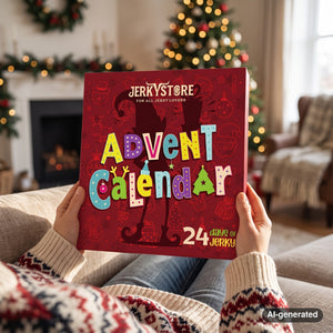 Jerky Store Advent Calendar held by hands in a knitted sweater in a living room decorated for Christmas, AI-generated image