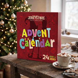 Jerky Store Advent Calendar on a table by the Christmas tree, with hot chocolate and gingerbread cookies, AI-generated image