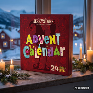 Jerky Store Advent Calendar on a windowsill with lit candles and spruce twigs, snow outside, AI-generated image