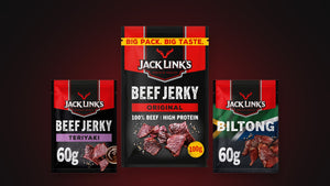 Jack Link's Brand Week banner showing Teriyaki, Original 100g and Biltong packs on a dark red ground