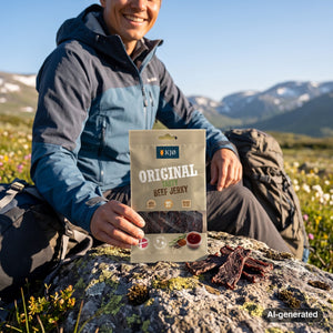 Hiker taking a break on an alpine meadow holding KJØ Tasty Beef Jerky, AI-generated image